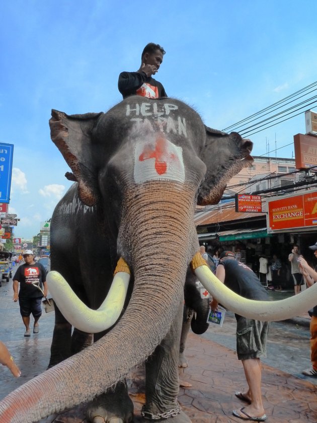 Thaise olifant in de straten van Bangkok, geld inzamelen voor tsunami Japan