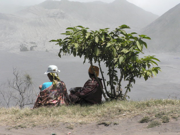 Twee vrouwen rusten in de schaduw van een boompje bij de Bromo vulkaan