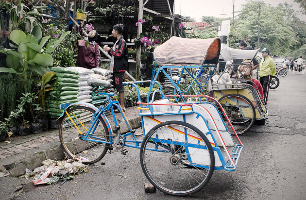 Becak voor het 'tuincentrum'