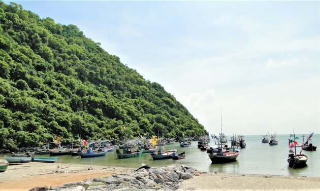 Vissersbootjes in de luwte.