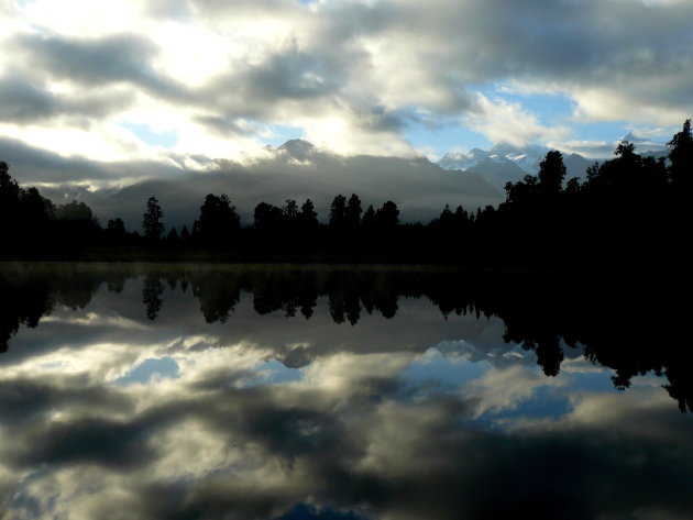 Mount Cook, seen in Lake Matheson in New Zealand