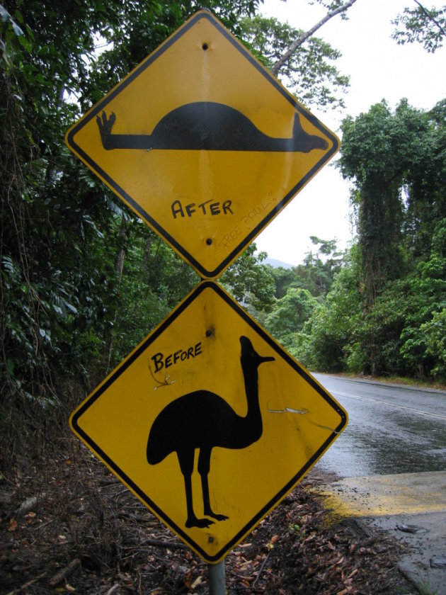 Een (grappig) bord wat je langs de weg in Daintree tegenkomt.