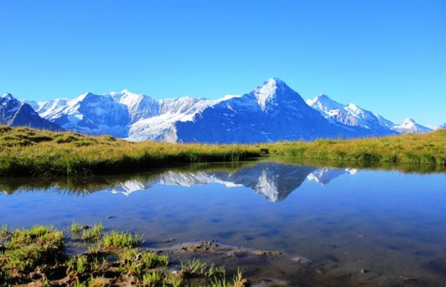 Eiger en Jungfrau weerspiegelend in bergmeer