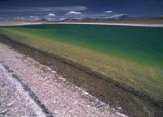 Groen meer met blauwe lucht en witte wolkjes