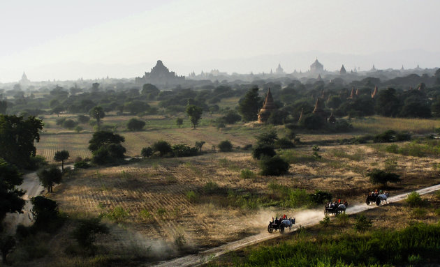 Ossenwagens en Tempels te Bagan