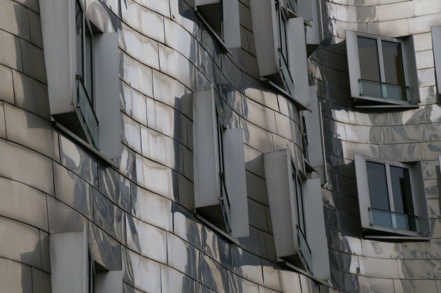 Detail van het glimmende Gehrygebouw