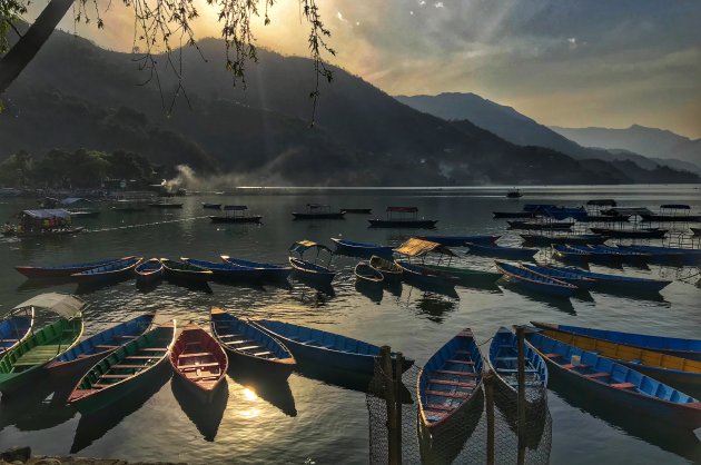 Phewa lake met kleurrijke bootjes