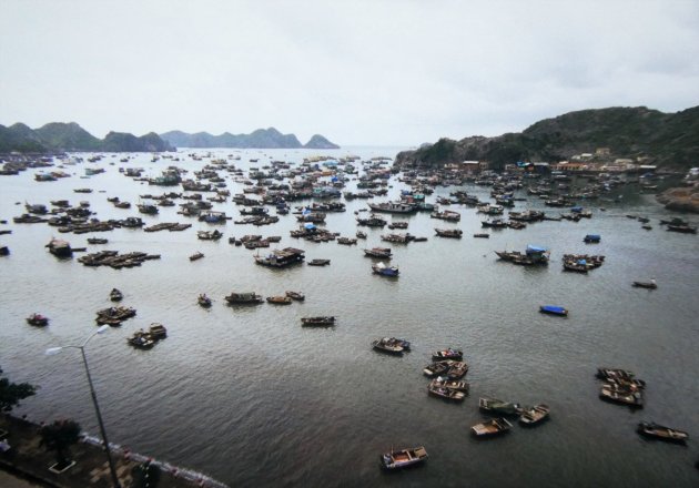 Ontelbare bootjes in Cat Ba baai