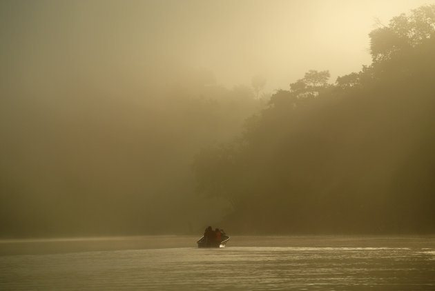 Zonsopkomst op de Kinabatangan rivier, Sabah, Maleisie.