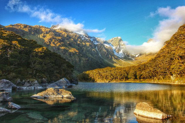 Uitzicht tijdens de Routeburn Track over Lake McKenzie, Nieuw Zeeland