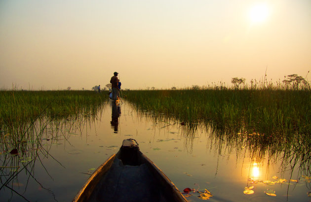 Zonsondergang in een Mokoro op de Okanvanga Delta op zoek naar de hippo's