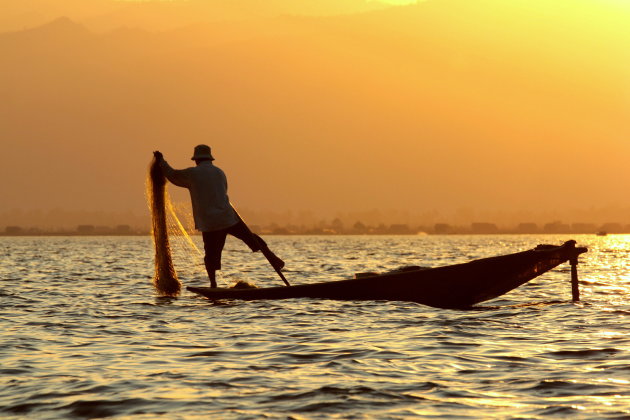 Vissen op Inle Lake in gouden licht.